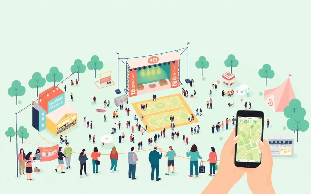 Festivalområde med scener og publikum som spiller på mobilen