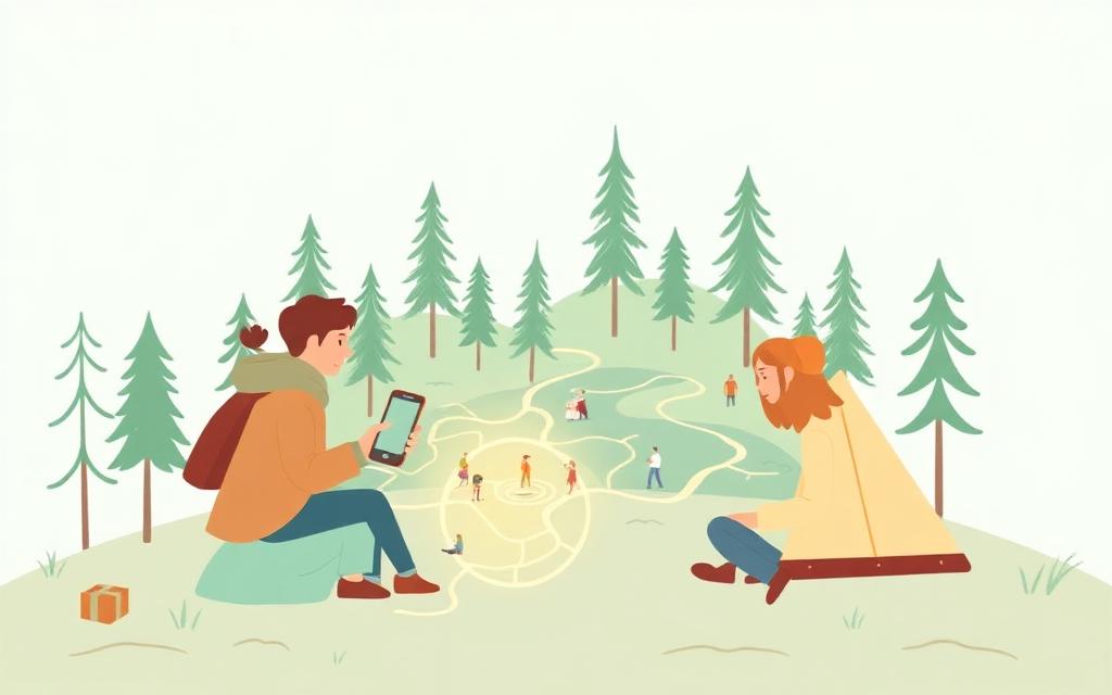 Gjester på camping som starter en skattejakt på mobilen