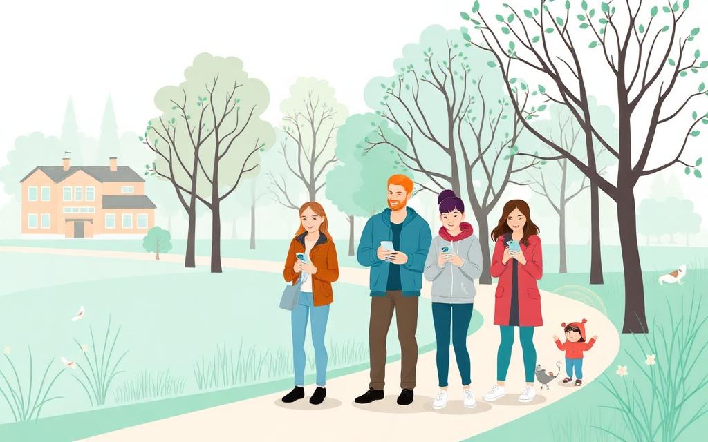 Familier og ungdom i en park som følger en jakt på mobilen