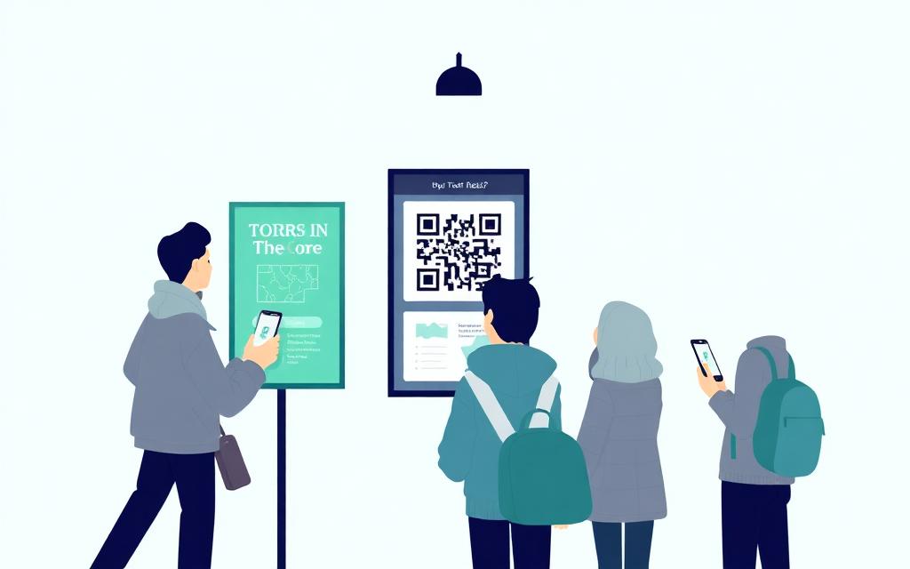 Turister som skanner en QR-plakat på et turistkontor