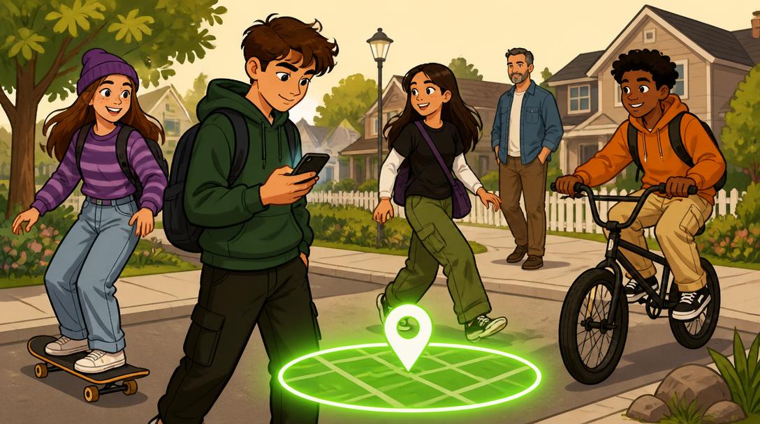 Ungdommer som er aktive ute i nabolaget mens en voksen følger med på mobilen