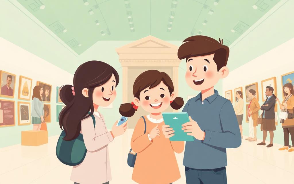 Familie løser quiz på mobilen i en utstillingssal