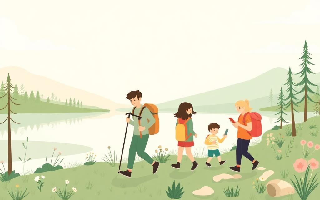 Familier på tur langs et vann sjekker mobilen med kartsoner