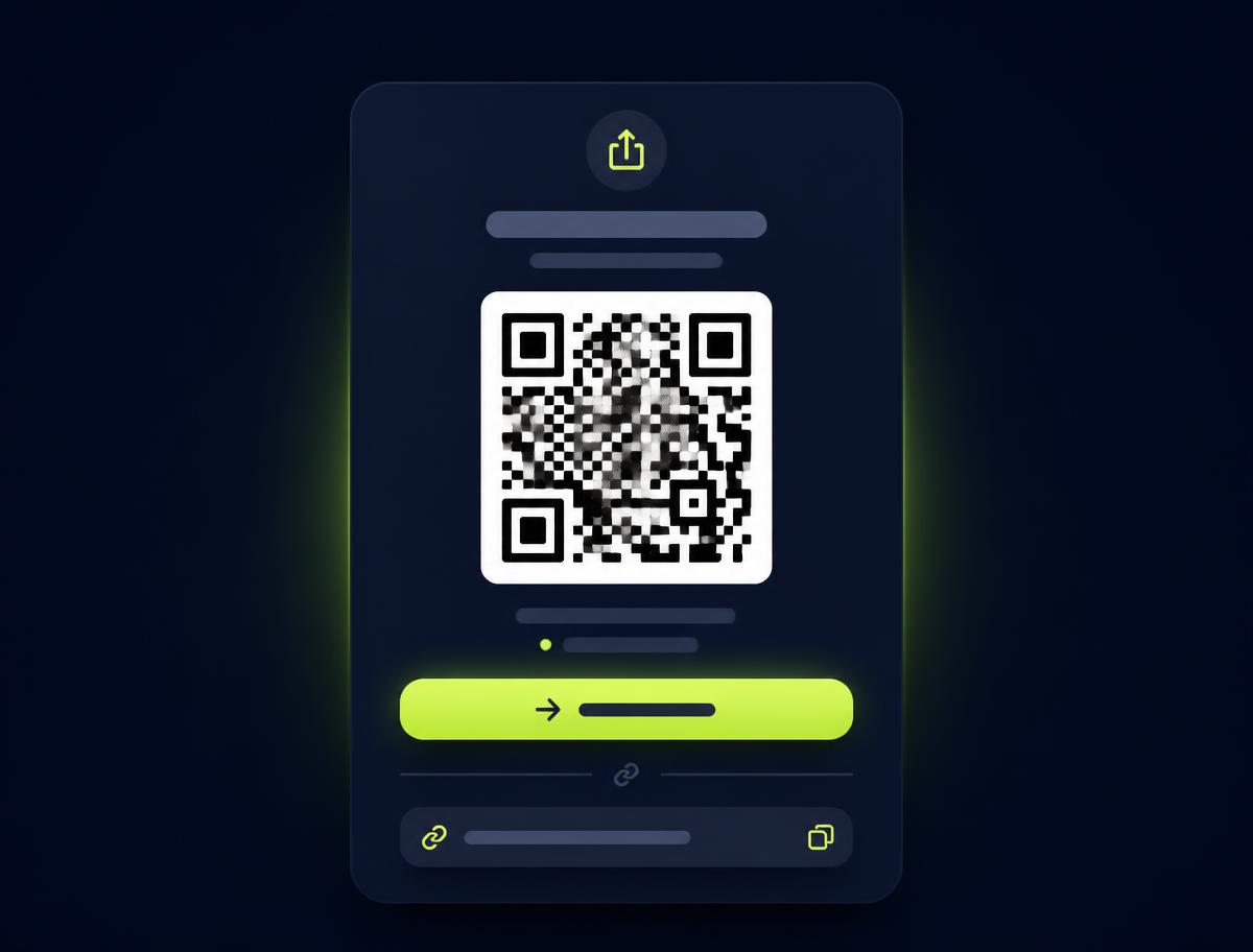 Delingskort med QR-kode, lenke og knapp for å bli med i spillet