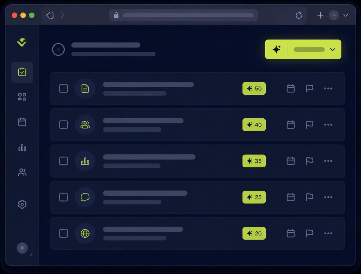 Oppgaveliste med poengmerker og en AI-knapp for å generere forslag