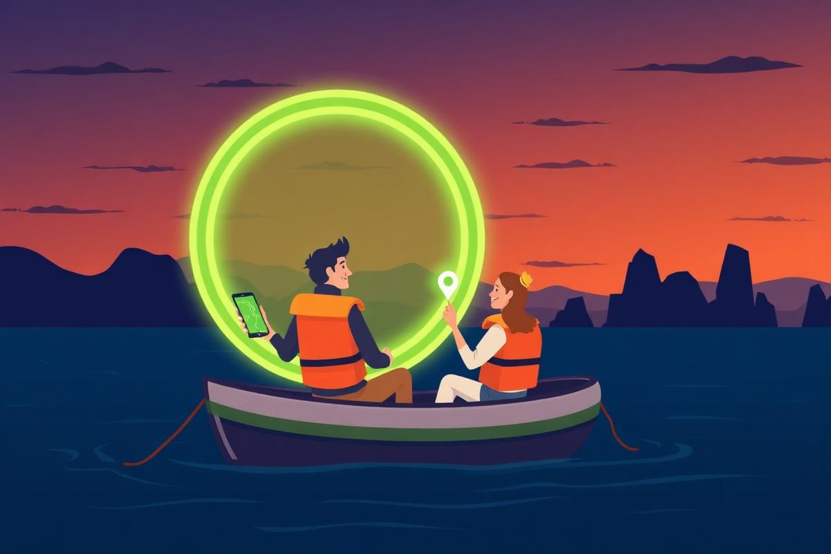 Venner på en båttur som ankommer en strand med mobil og lysende kart-sone