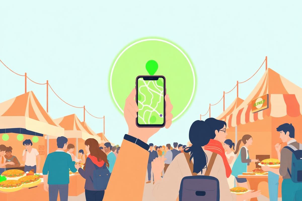 Venner ved et matmarked med mobilen, lysende kart-sone og smaksprøver