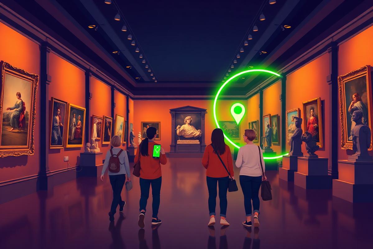 Besøkende ved et museum med mobilen og lysende kart-sone over utstillingen