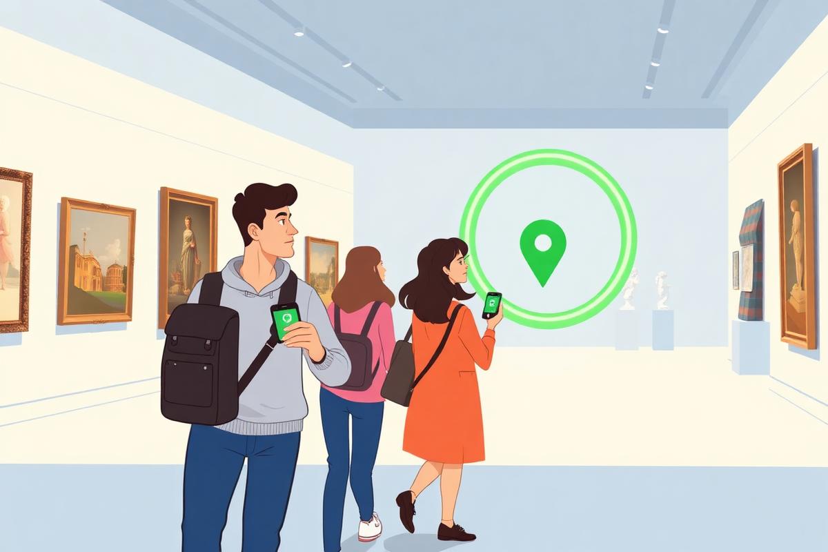 Besøkende ved et museum med mobilen og lysende kart-sone over utstillingen