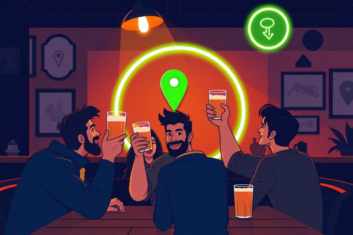 Venner i en pub med mobilen, lysende kart-sone og quiz-kort på bordet