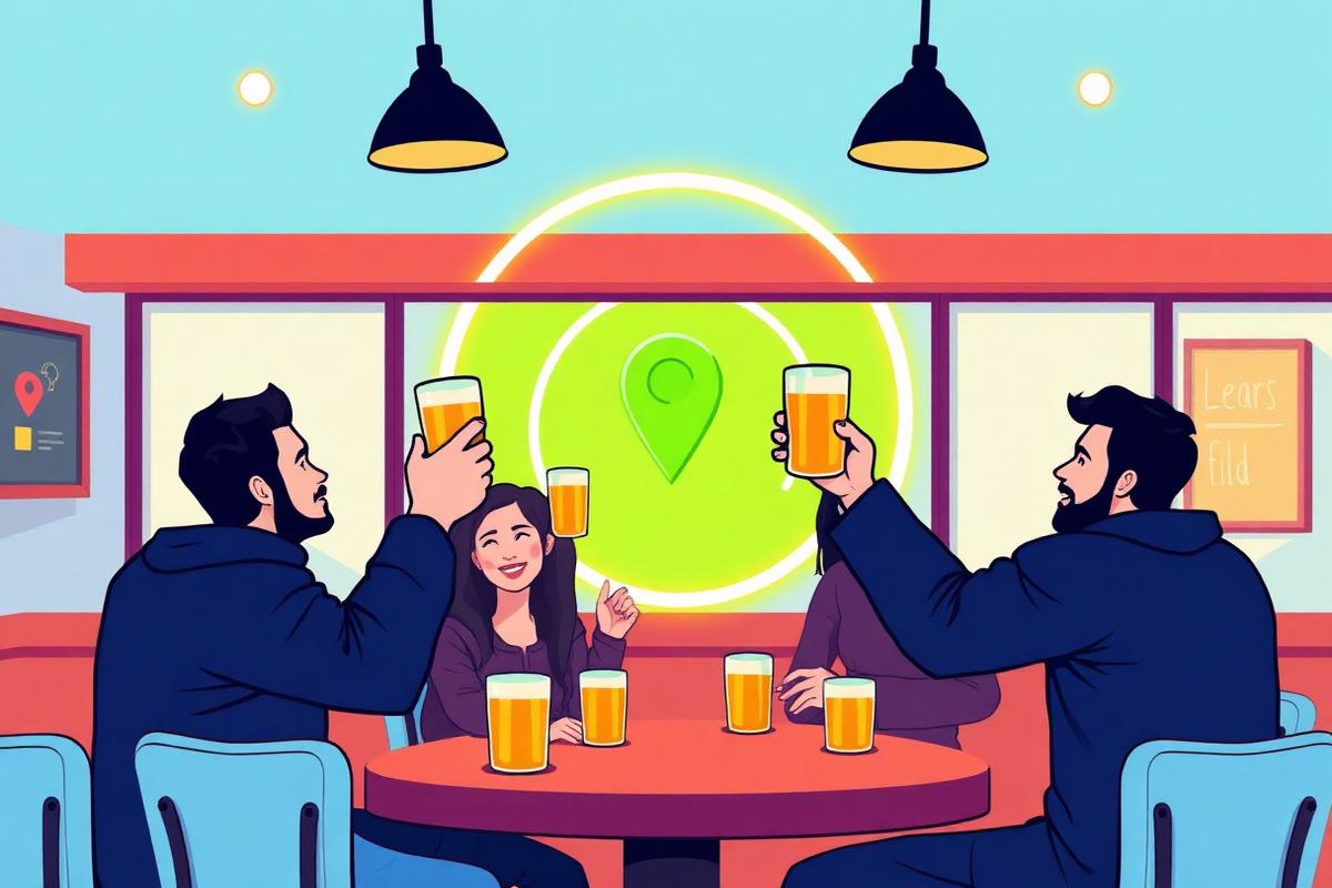 Venner i en pub med mobilen, lysende kart-sone og quiz-kort på bordet
